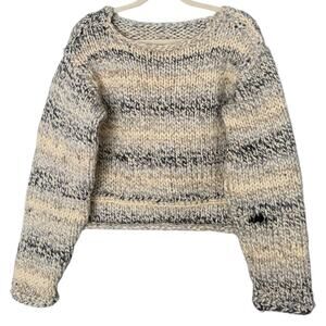 Hand Knit Chunky Cropped Wool Sweater Women's Medium Navy Cream Warm Cozy Heavy